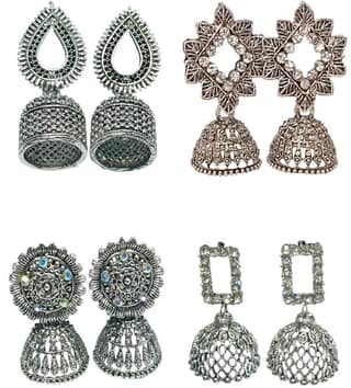 KD COLLECTIONS Combo Of Ethnic Silver Oxidised Jhumka Jhumki Earrings for Girls & Women - Pack Of 4 Pairs