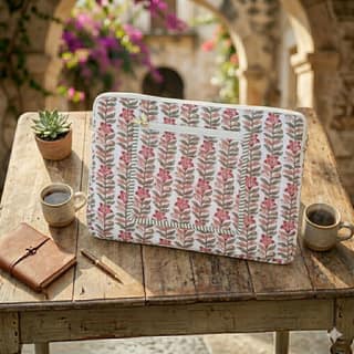Rani Vines Block Print Quilted Cotton Laptop Sleeve With Front Pocket Peach 10"X15"