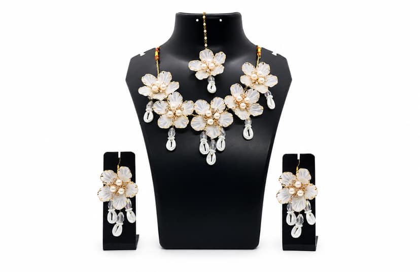 Traditional White Flower Jewellery Set for Haldi and Wedding Ceremonies view 2
