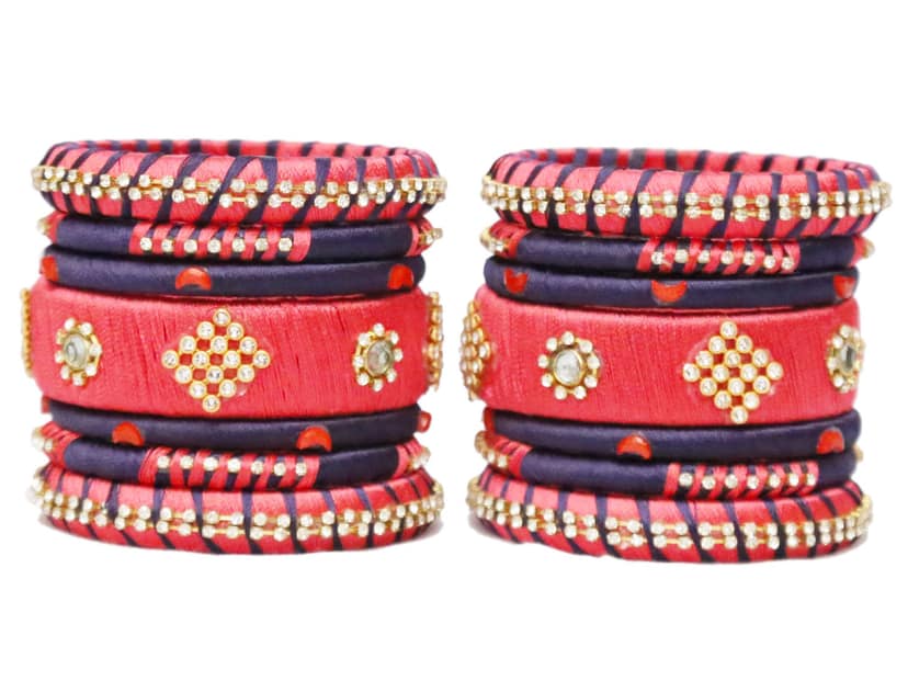 BENIWAL COLLECTION Handmade Kundan Silk Thread Bangles Set ,Bangles for Women and Girls ,Pink & Navy Blue (set of 14)