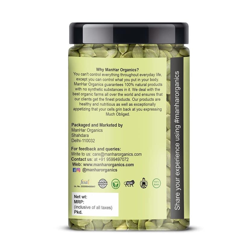 ManHar Organics Raw Pumpkin Seeds for eating 675gm - AAA Grade |Protein and Fiber Rich Superfood| (pack of 2, 525gm + 150gm jar) view 2