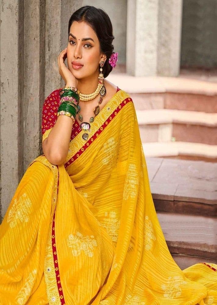 Mustard Color Stone Work Brasso Printed Saree With Fancy Border And Fancy Blouse Piece view 2