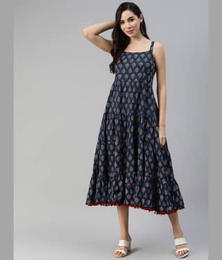 Divena Women Cotton Printed Fit & Flare Dress ( Navy Blue )