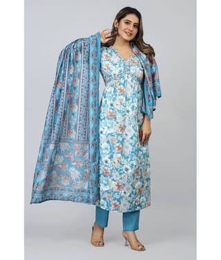 SARRAS Cotton Printed Kurti With Pants Women's Stitched Salwar Suit - Blue ( Pack of 1 )
