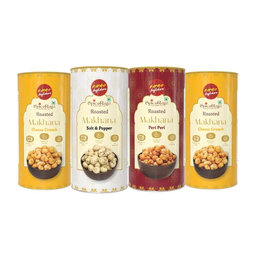 SpiceRaga Roasted Flavoured Makhana Combo Pack of 4 (77g x 4) Total 308g | 2 Cheese Crunch, 1 Peri Peri, 1 Salt & Pepper | Healthy Namkeen Snack | Fox Nuts (Makhana) | High Protein | Low Calorie | No Palm Oil