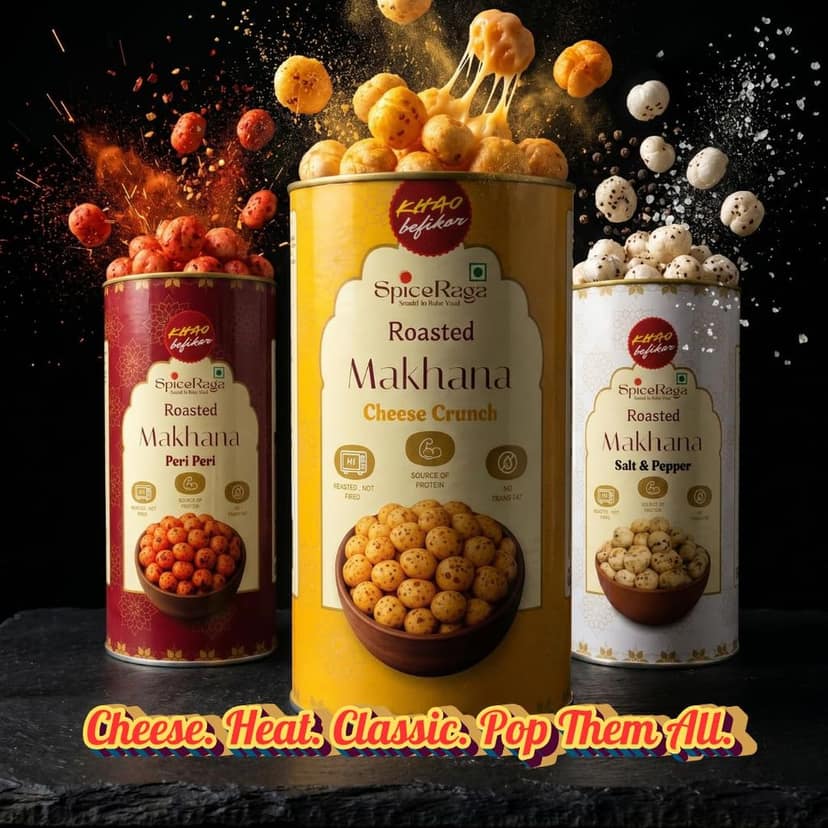 SpiceRaga Roasted Flavoured Makhana Combo Pack of 4 (77g x 4) Total 308g | 2 Cheese Crunch, 1 Peri Peri, 1 Salt & Pepper | Healthy Namkeen Snack | Fox Nuts (Makhana) | High Protein | Low Calorie | No Palm Oil view 2