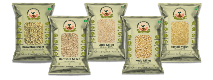 Sedya Five Millet Combo Whole Grains | Browntop, Barnyard, Little, Kodo & Foxtail Millet | Certified Low GI | Korale / Udalu / Samai / Varagu / Korralu | Gluten Free | Unpolished, Toasted, No Soaking Required | Total 2.5 Kg (500g Each Pack)
