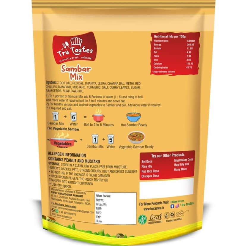 TruTastes Instant Sambar mix | South Indian Flavors | Natural Ingredients | Zero Preservatives | No Pressure Cooking Required | Just add water (200 g) view 2