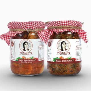 Pickleberry Gobhi Gajar Khatta Meetha + Green Chilli Achar Combo | Handmade | 1 KG (2 � 500g)