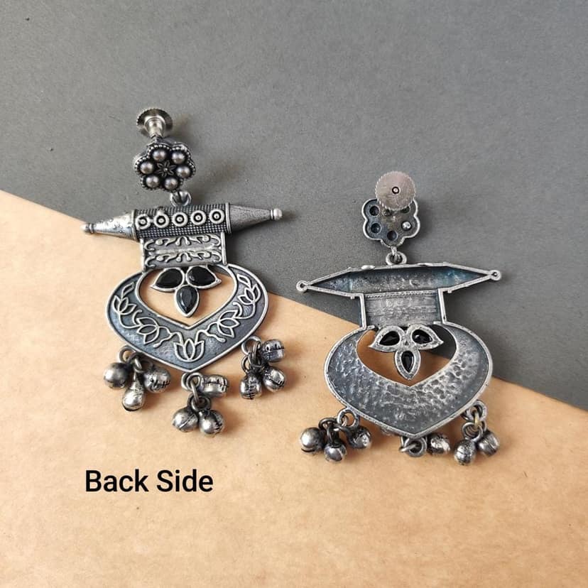 Beautiful Handcrafted Silver Replica Oxidised Chandbali Earrings For Women Ethnic Wear Diwali Festival Wear view 2