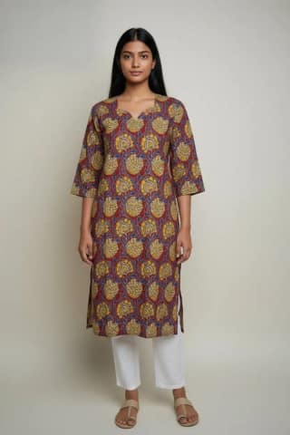 Block Print Cotton Kurti Maroon Yellow Blue Floral