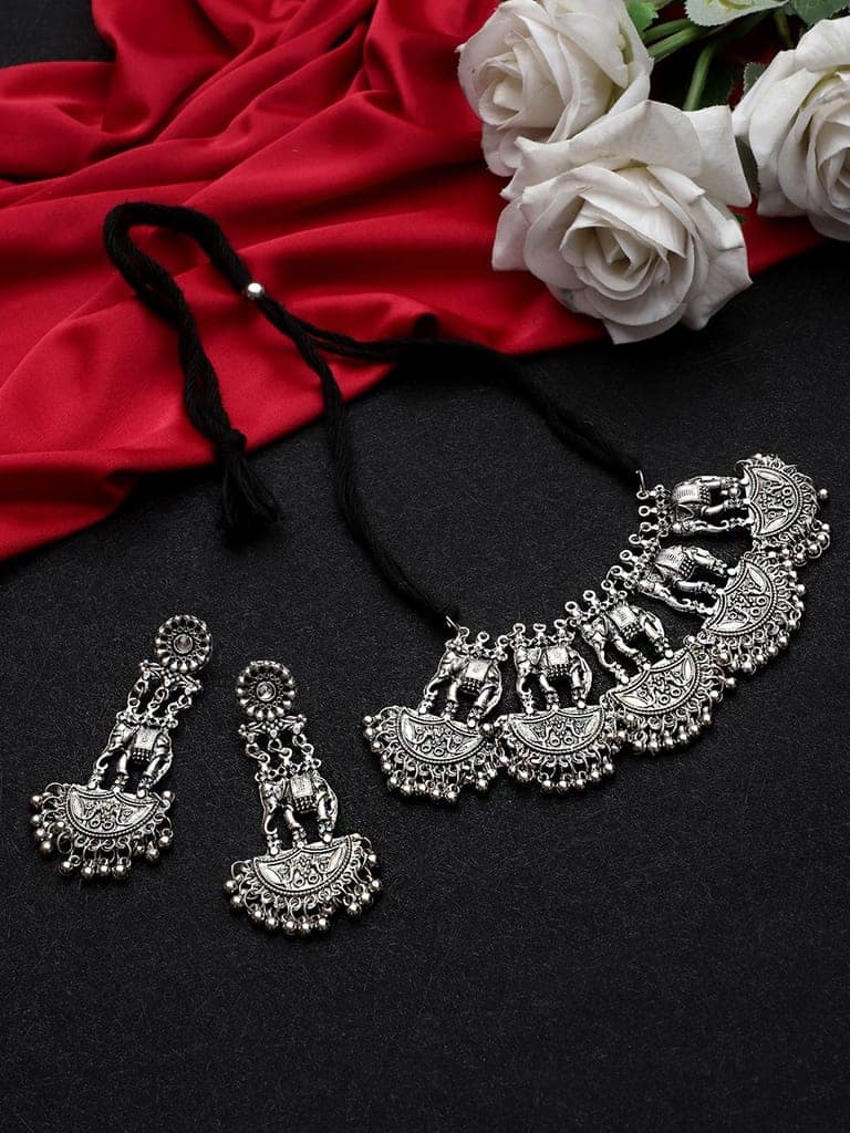 Cardinal Oxidized Silver Color Choker Necklace Set view 2