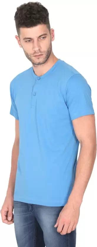 Men Solid Henley Neck Pure Cotton Blue T-Shirt view 2