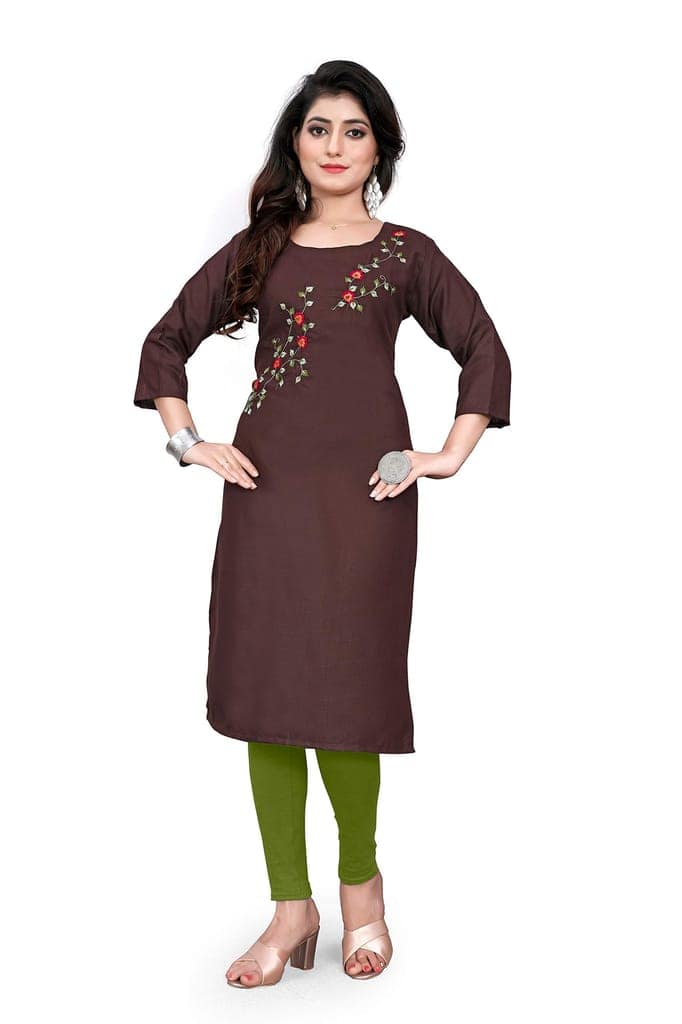 STYLEOO Ruby Slub 3/4 Sleeves Embroidered Kurti for Women's (M, L, XL, XXL, Coffee) view 2