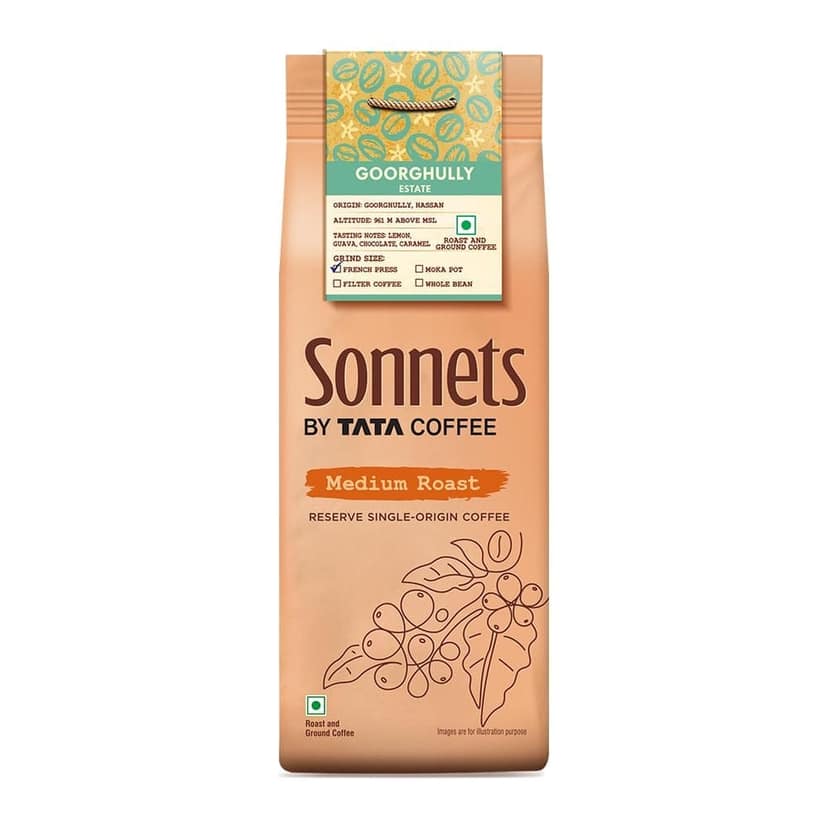 Sonnets by Tata Coffee, Medium Roast, French Press Arabica Coffee, 250g, Grown in Goorghully Estate with Tasting Notes of Lemon, Guava, Chocolate & Caramel