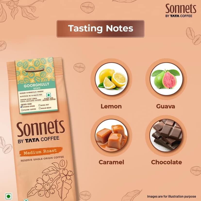 Sonnets by Tata Coffee, Medium Roast, French Press Arabica Coffee, 250g, Grown in Goorghully Estate with Tasting Notes of Lemon, Guava, Chocolate & Caramel view 2