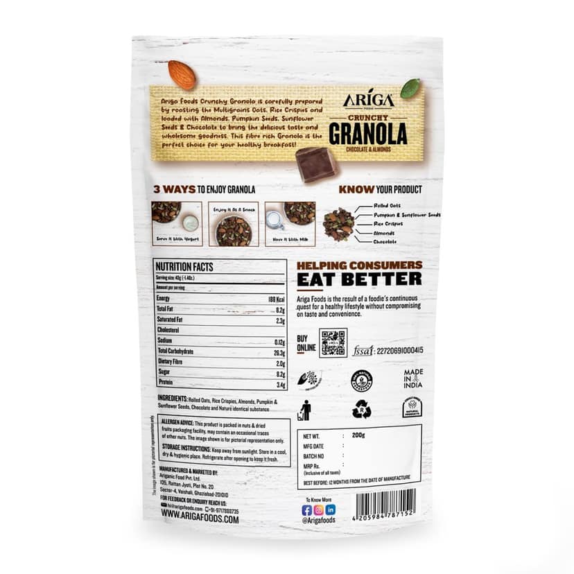 Ariga Foods Crunchy Granola Chocolate & Almonds 200g | Breakfast Cereals view 2