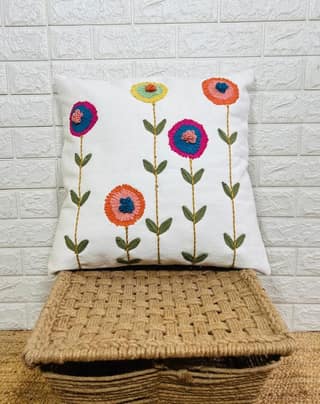 Indihomecraft Handicraft Cotton Cushion Cover - Hand Stitched Embroidery Decorative Art Boho Pillow Flower Shape Hand Made Pillow Cover | Hand Stitch Square Shape 18X18 Inches Cushion Cover, Set of 1