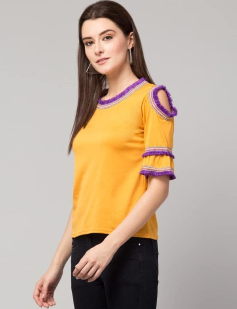 ATTIRIS Women's Rayon Solid Cold Shoulder Round Neck Regular Waist Length Top view 2