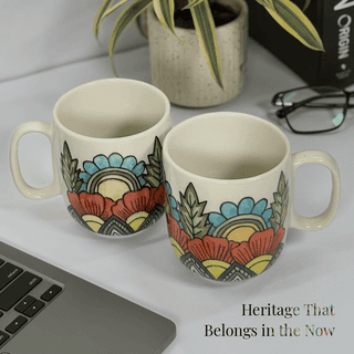 Heritales Utsav Multicolor Ceramic Mug for Coffee, Milk & Tea Lovers – 350 ML | Handcrafted in India | Vegan, Bone China-Free | Microwave, Dishwasher & Freezer Safe | Premium Artisanal Mug– Set of 2
