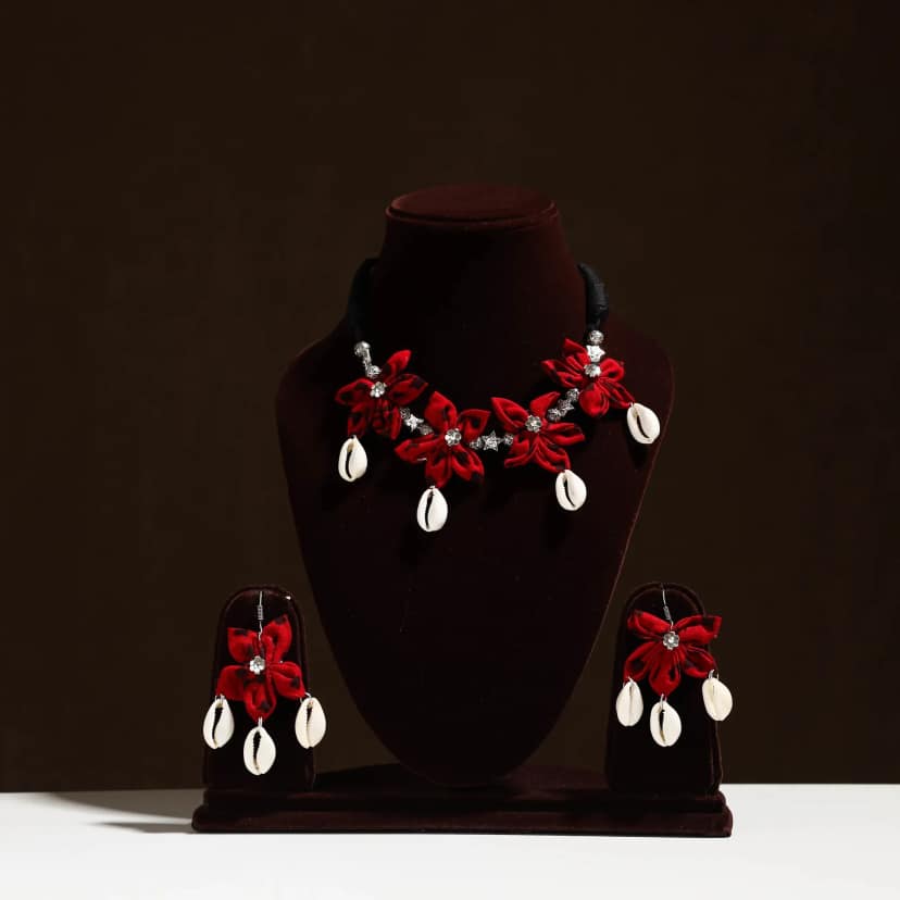 Red - Fabart Phool Kali Shell Choker Necklace Set 06