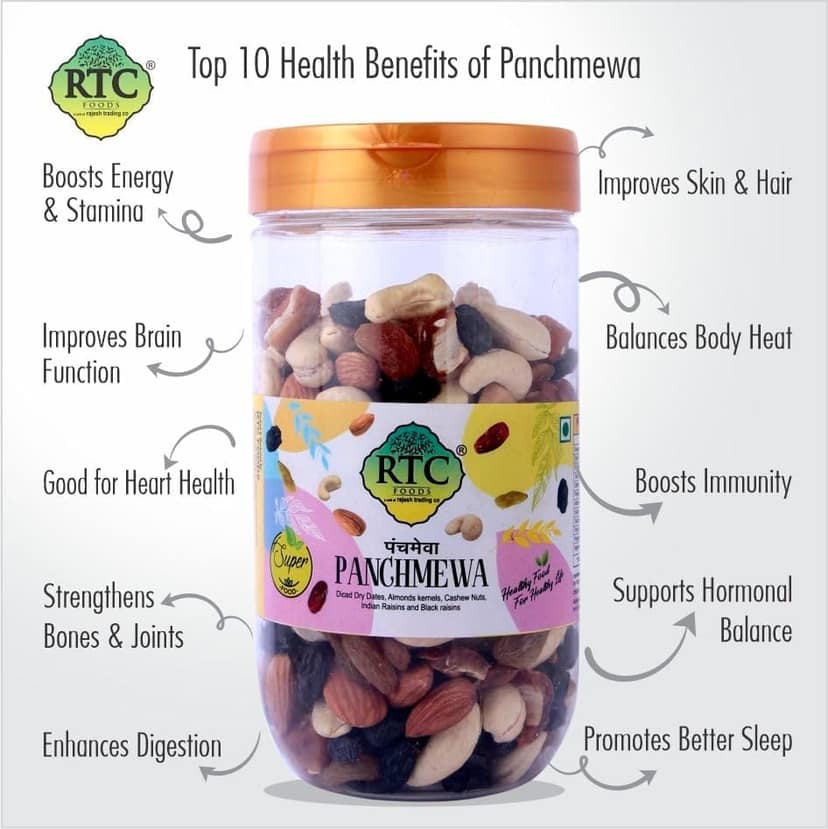 RTC Panchmewa Jar 400 Gms I Healthy Snacking I Dryfruit Mix I Dried Sliced Dates I Almonds I Whole Cashew I Black Raisins seedless I Golden Raisins I Good for Fasting I Healthy Mix view 2