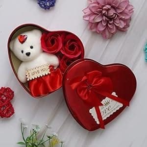Delice Au Chocolate Heart Shaped Gift Box White Teddy Bear, and 3 Red Roses- Gift for Husband, Wife, Girlfriend, Boyfriend - Suitable for Teddy Day view 2