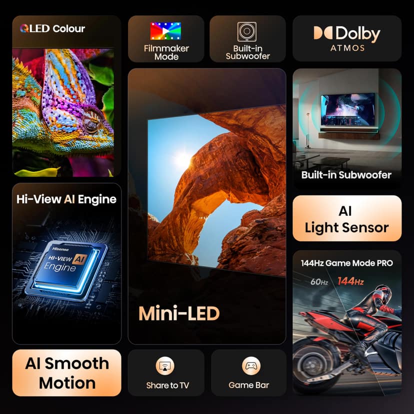 Hisense 215 cm (85 Inches) 4K QLED Mini-LED Smart TV | 1000 NITS peak brightness | 144Hz Game Mode | Dolby Vision IQ & Dolby Atmos | 2.1 CH 50W Speakers (Built-in Subwoofer) | VIDAA OS | 85U7Q (Black) Hisense 215 cm (85 Inches) 4K QLED Mini-LED Smart TV view 2