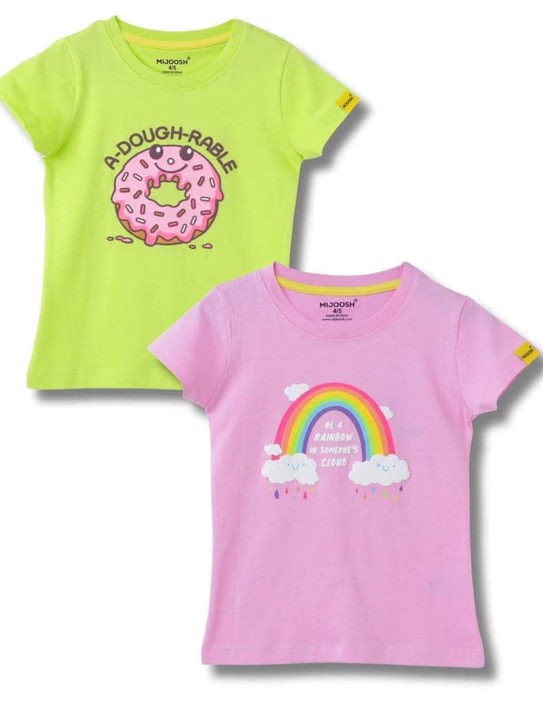 Girls T-Shirt Bonbon Pink / Acid Lime Green, Soft Cotton, Ages 2-6 (2pcs pack) view 2