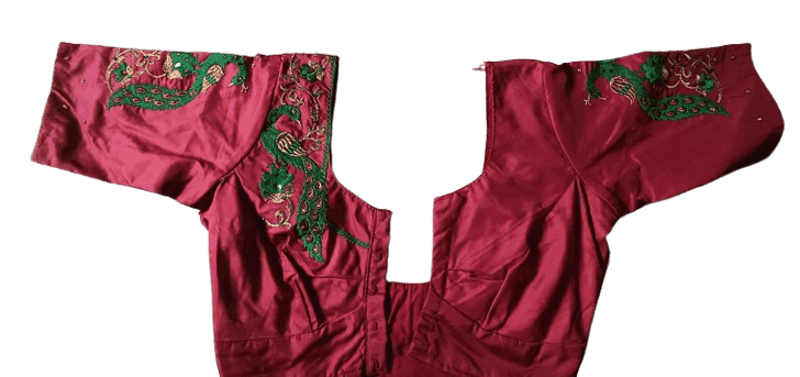 Red and green embroidered boat neck blouse view 2