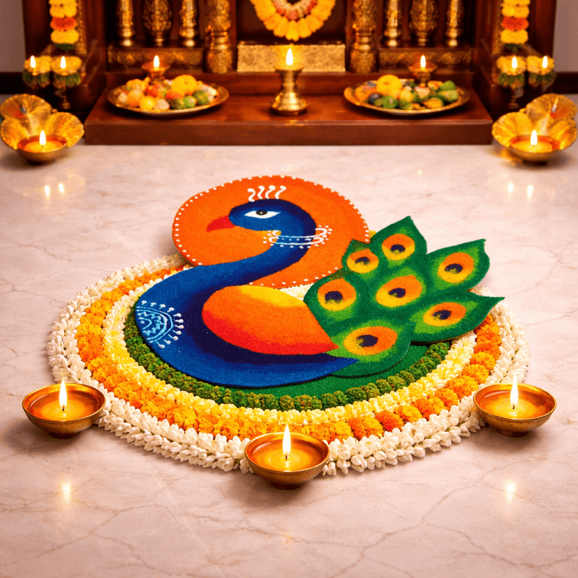 Madhura’s Creations Peacock Rangoli Patch on Plastic Sheet | Multicolour Traditional Design | Real Rangoli Colours | Reusable | Single Piece view 2