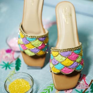 Women's Sequin Embroidered Slip-On Flats Sandals with Colorful Fish Scale Pattern