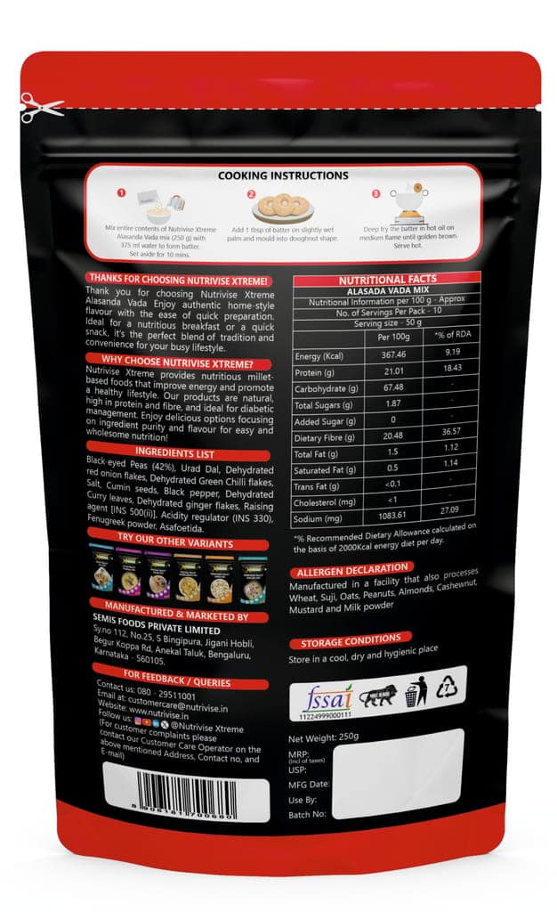 Nutrivise Xtreme Instant Mix:Alasanda Vada Mix | Instant Cook|Low GI|Rich in Protein & Fiber|250g (Pack of 1) view 2