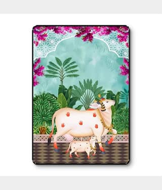 Sacred Cow and Calf Wall Art | Pichwai Floral UV Print