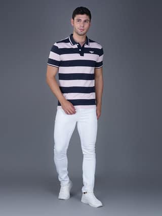 Men's Stripe Polo T-shirt Navy-Pink
