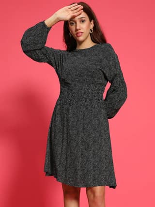 Hey Black Floral Print Round Neck Long Sleeve Smocked Knee Length Women Dress