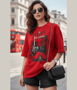 Leotude Women Cotton Blend Printed Oversized Fit Round Neck T-Shirt ( Red )
