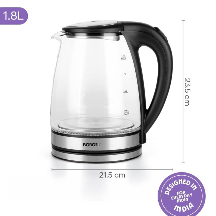Borosil Crystal 1.8L Electric Glass Kettle | Made in India Borosilicate Glass Body with Blue Backlight | Auto Cut-Off, 360° Base, Spout Filter | Fast Boil | Cord Winder | 1-Year Warranty view 2