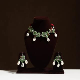 Green - Fabart Phool Kali Shell Choker Necklace Set 02