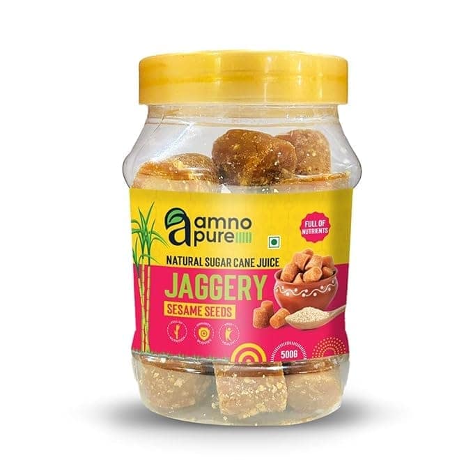Amno Pure Natural Sugar Cane Jaggery 10G Cube with Sesame Seeds | Full of Calcium and Other Nutrients & 100% Natural - 500G Pet Jar