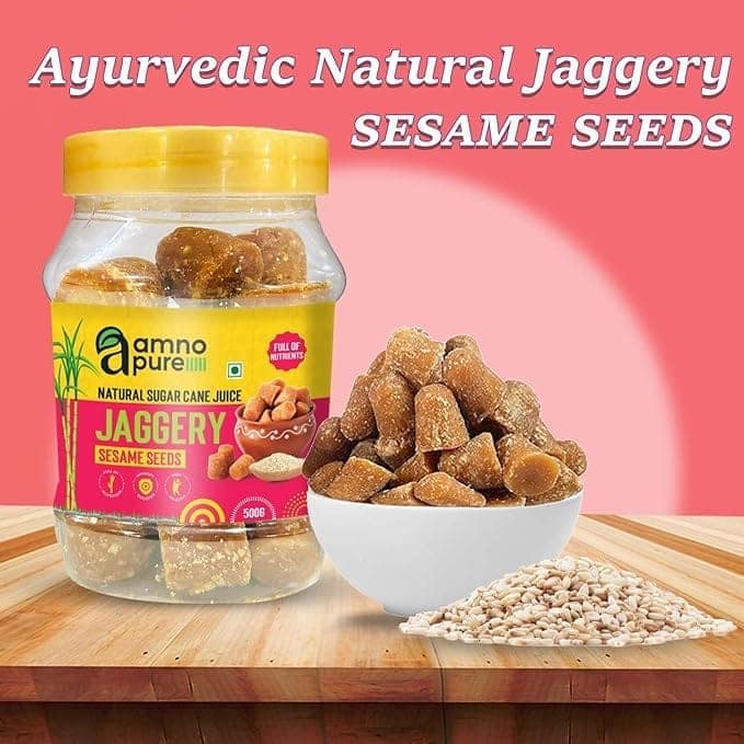Amno Pure Natural Sugar Cane Jaggery 10G Cube with Sesame Seeds | Full of Calcium and Other Nutrients & 100% Natural - 500G Pet Jar view 2