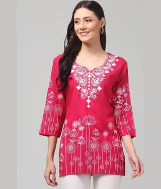 Aura Glam Women Rayon Embroidered A-line Kurti ( Black )