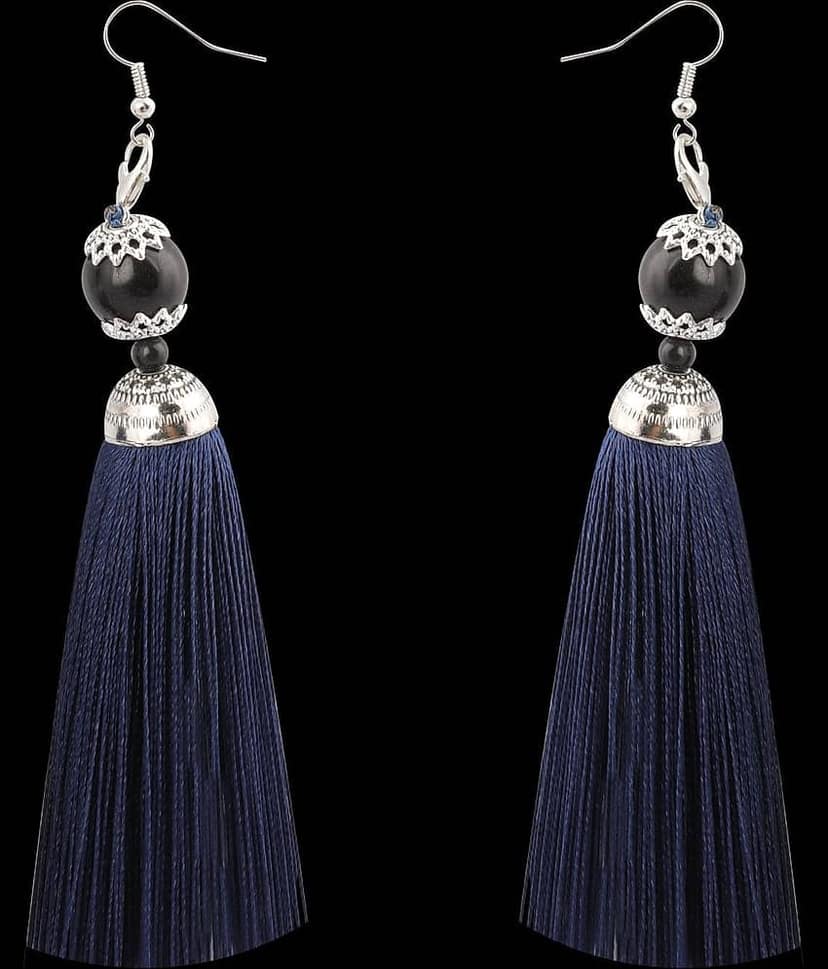 Silver Shine Facinating Blue Long Thread Tassel Earrings for Women. view 2