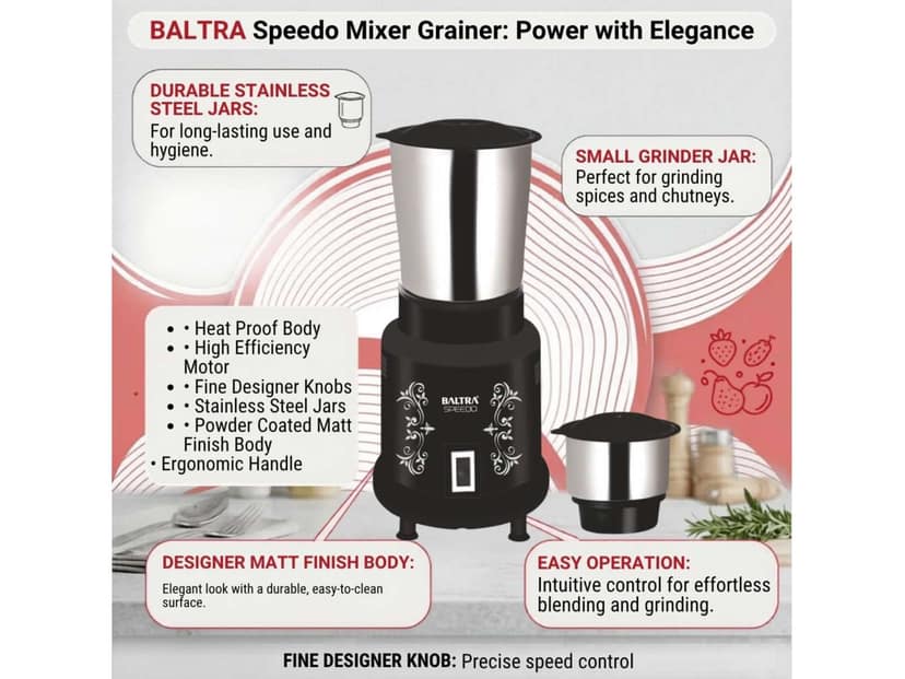 Baltra Speedo Mixer Grinder for Kitchen - 2 Jars 400 Watt - Mixie with Mini Jar for Chutney, Adjustable Speed Control, 2 Stainless Steel Jar view 2