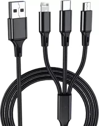 Champion 3-in-1 USB Charging Cable Type C, Lightning, Micro USB, Compatible with iPhone, iPad, Samsung, OnePlus, Mi, Oppo, Vivo, Xiaomi