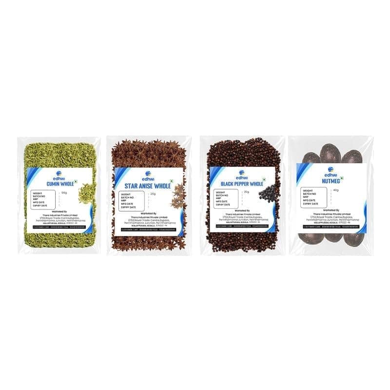 EDHWI Combo � Black Pepper (25g), Star Anise (25g), Cumin (100g) & Nutmeg (40g) � Premium Natural Spices for Cooking & Flavoring, No Additives or Preservatives