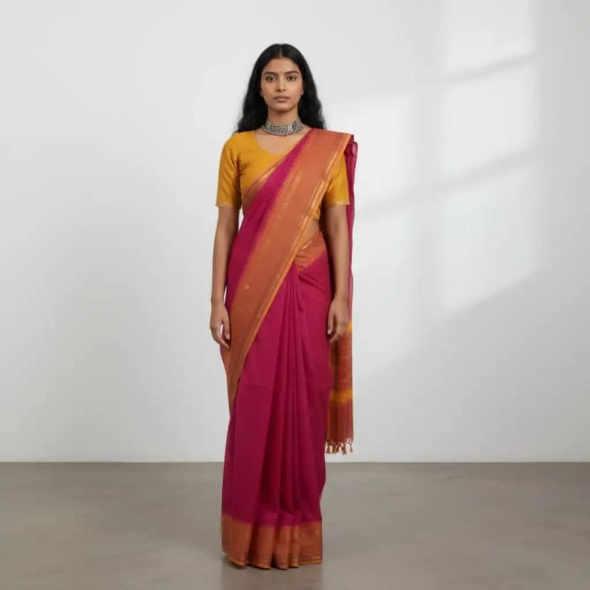 Handwoven Magenta Cotton Kanchipuram Saree with Golden Woven Border