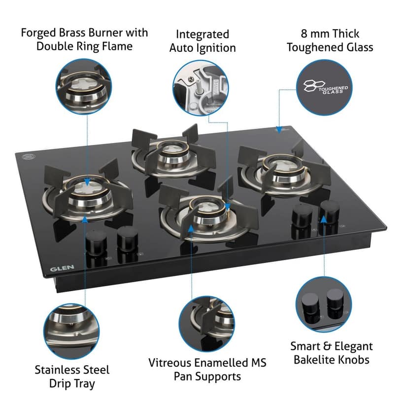 4 Burner Glass Hob Top with Double Ring Forged Brass Burner Auto Ignition (BH1065XROHTDB) view 2