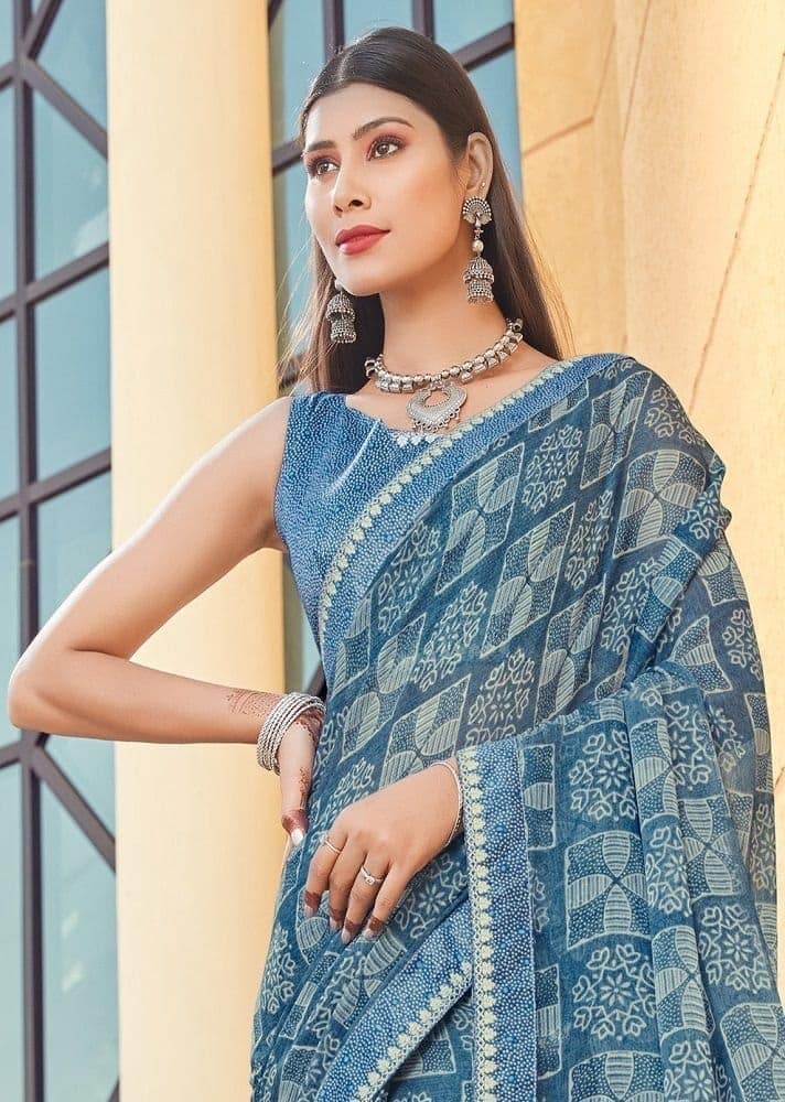 Digital Printed Georgette Saree in Blue view 2