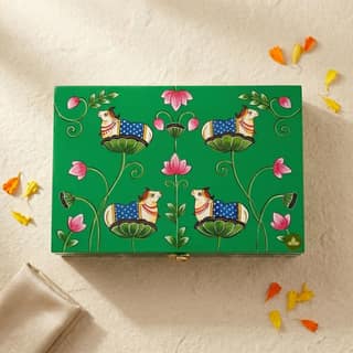 Hand Painted Pichwai Art Wooden Green Color Storage Box